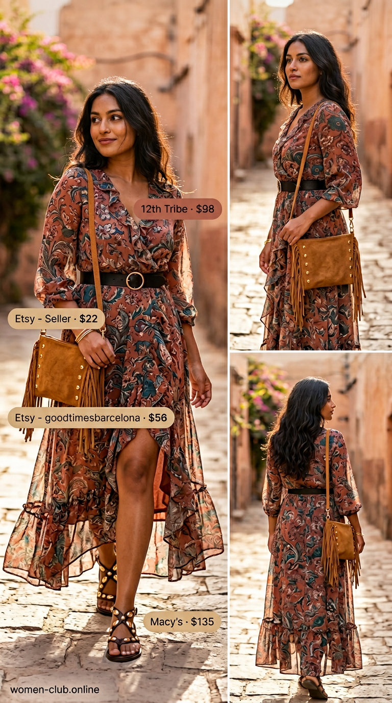 Boho maxi dress with embellished leather sandals and suede crossbody for summer outfits women 2026.