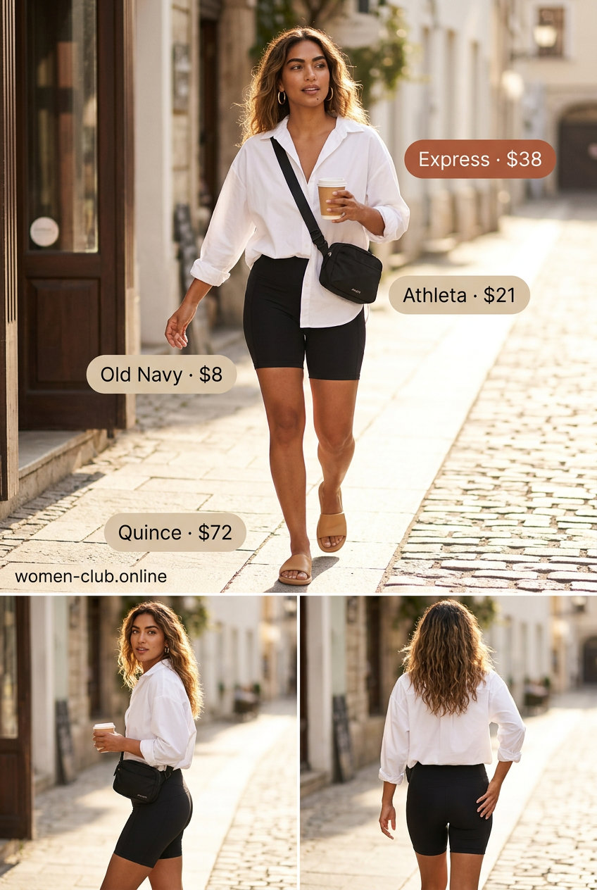 Oversized white shirt with black biker shorts and tan leather slide sandals for summer outfits women 2026.