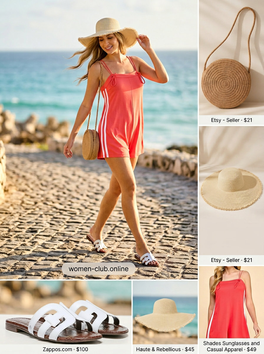 Coral romper with white leather slide sandals, ideal for vacation and summer day trips 2026.