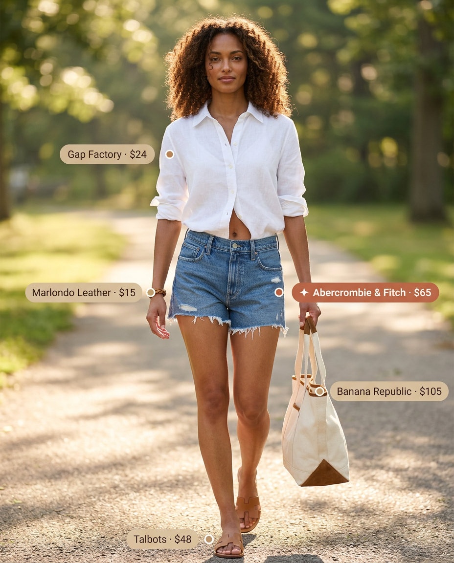Denim shorts with white oversized shirt and tan leather sandals for weekend casual 2026.