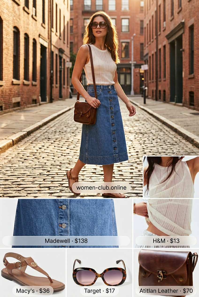 Denim midi skirt with cream tank and tan strappy leather sandals for weekend style 2026.
