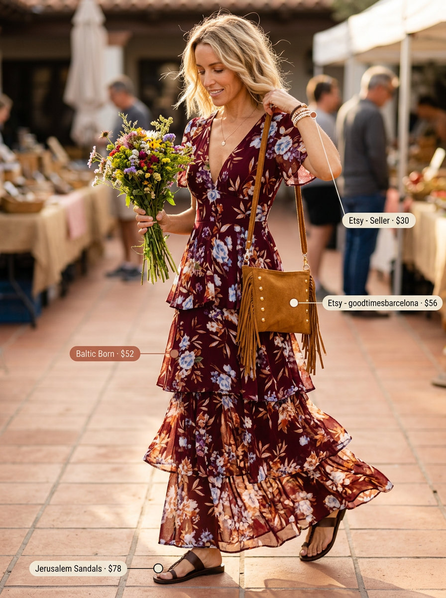 Burgundy floral maxi dress with brown leather thong sandals for summer festivals 2026.