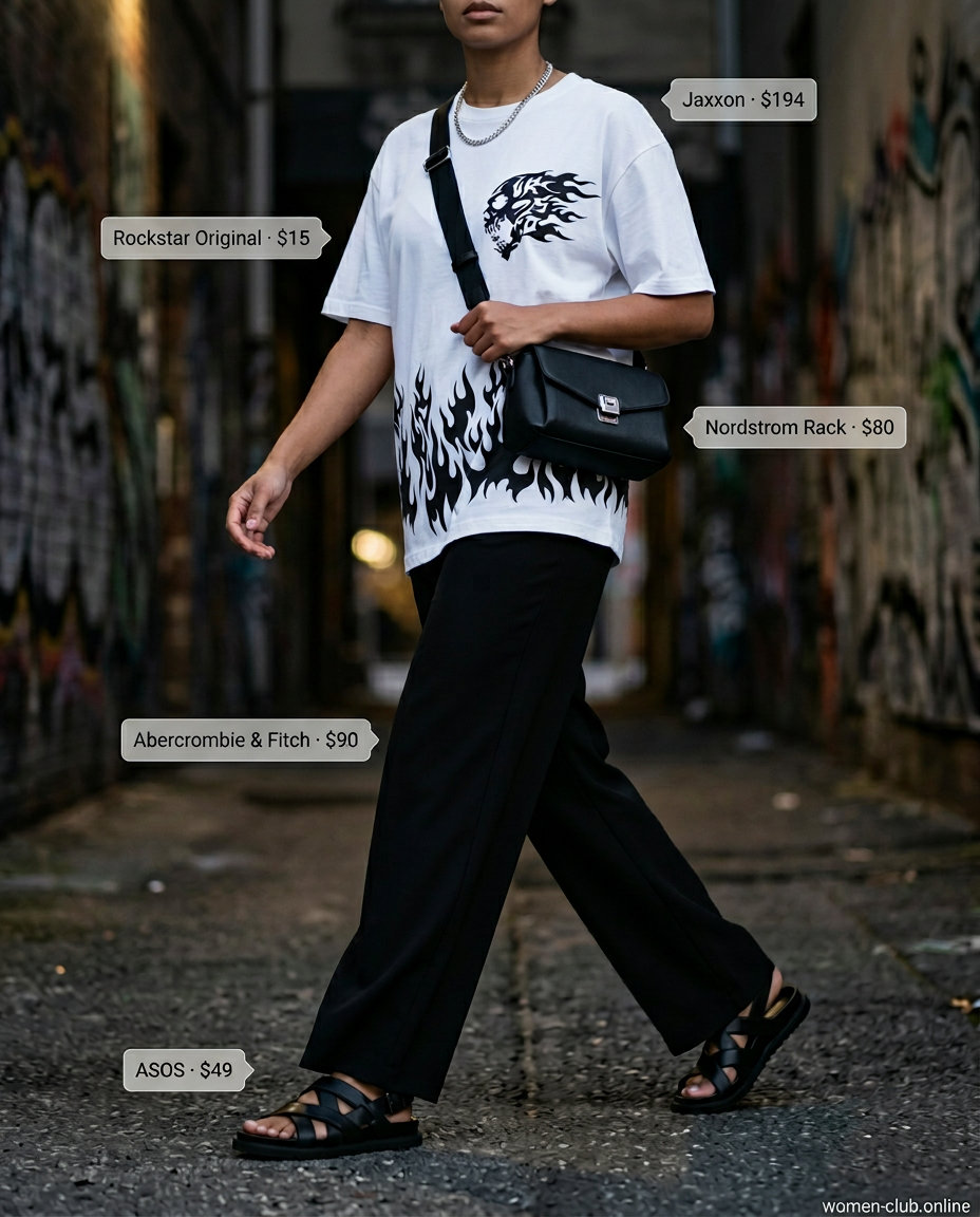Black trousers with graphic tee and black leather sandals for edgy street style 2026.