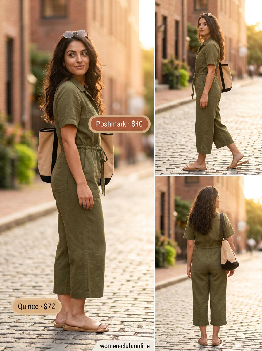 Olive green linen jumpsuit with tan leather sandals for daytime outings 2026.