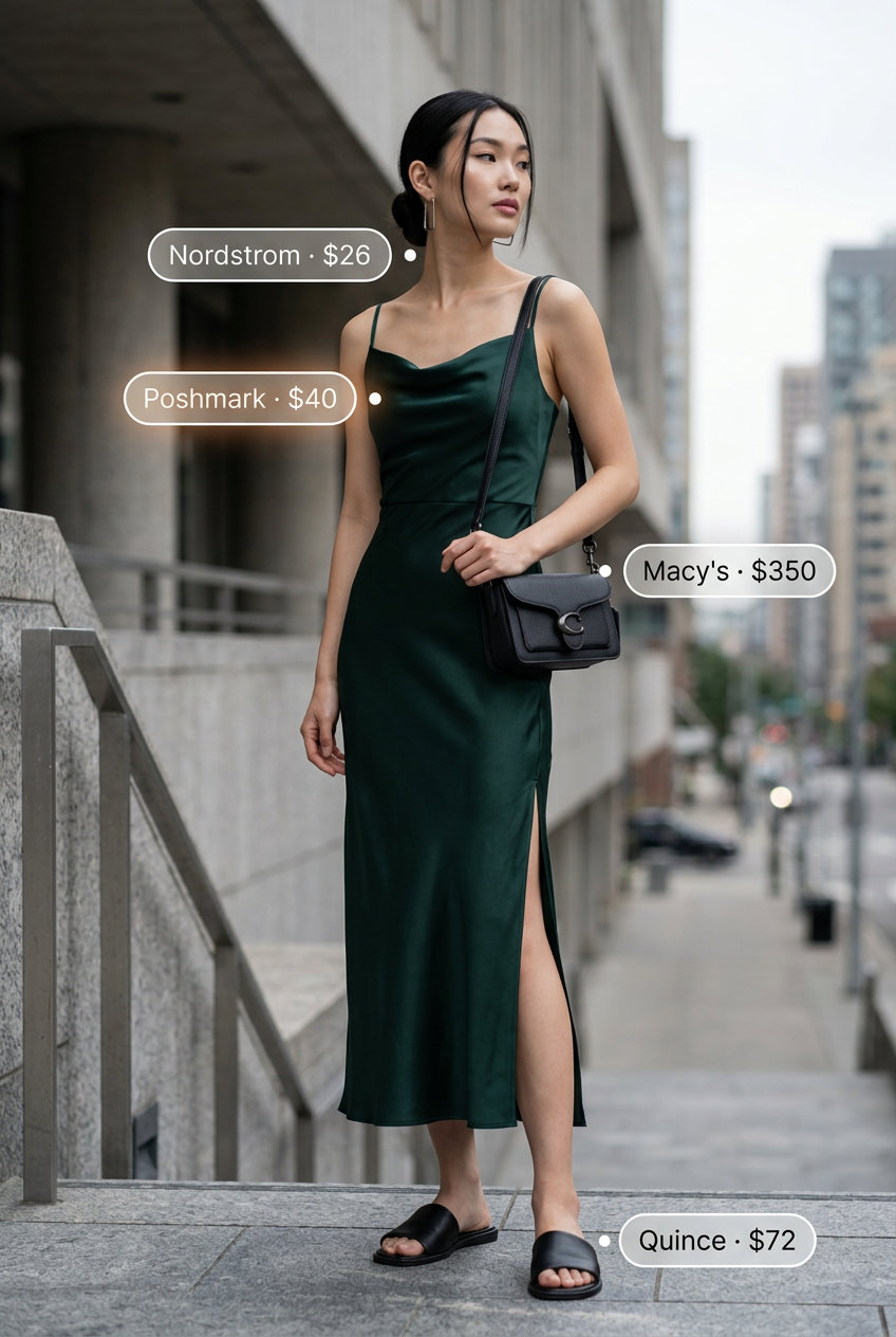 Olive green slip dress with black leather sandals for day-to-night looks 2026.