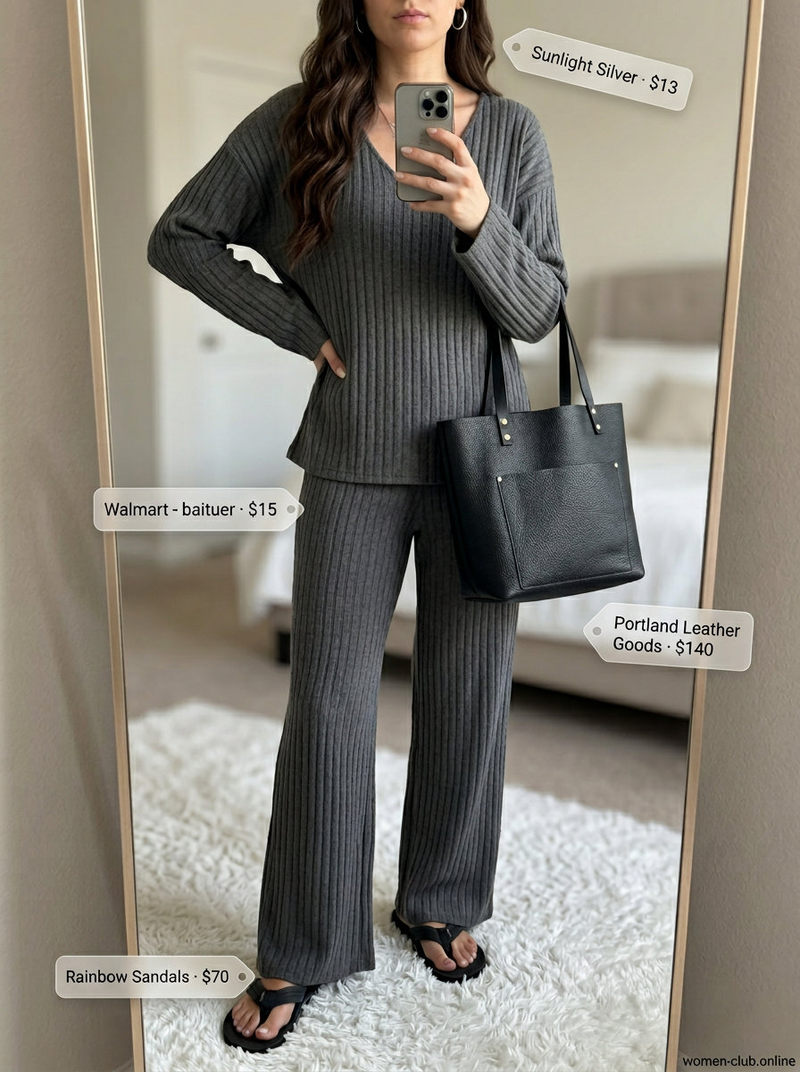 Knit set with wide-leg pants and sweater, paired with leather sandals for summer outfits women 2026.