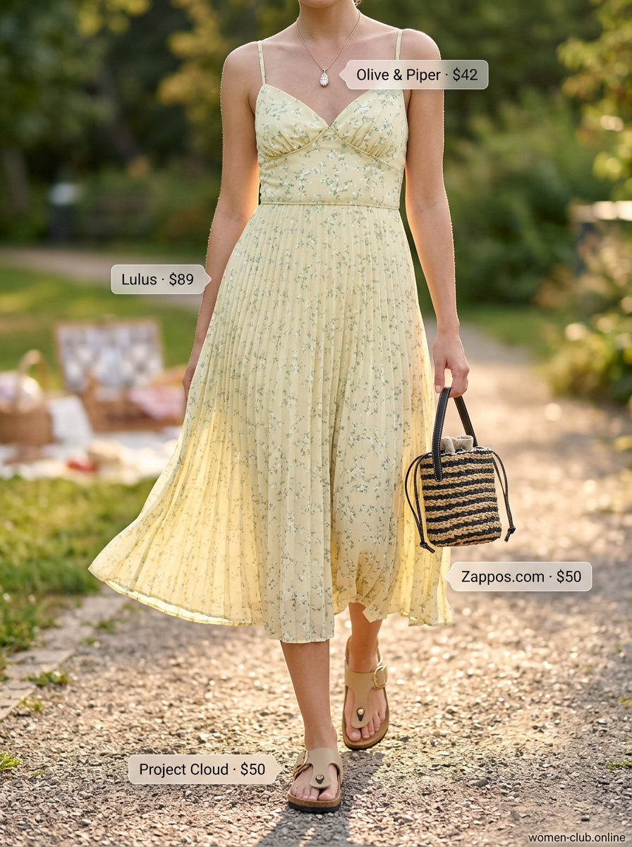 Soft yellow floral midi dress with tan leather sandals for summer outfits women 2026. Perfect for picnics.