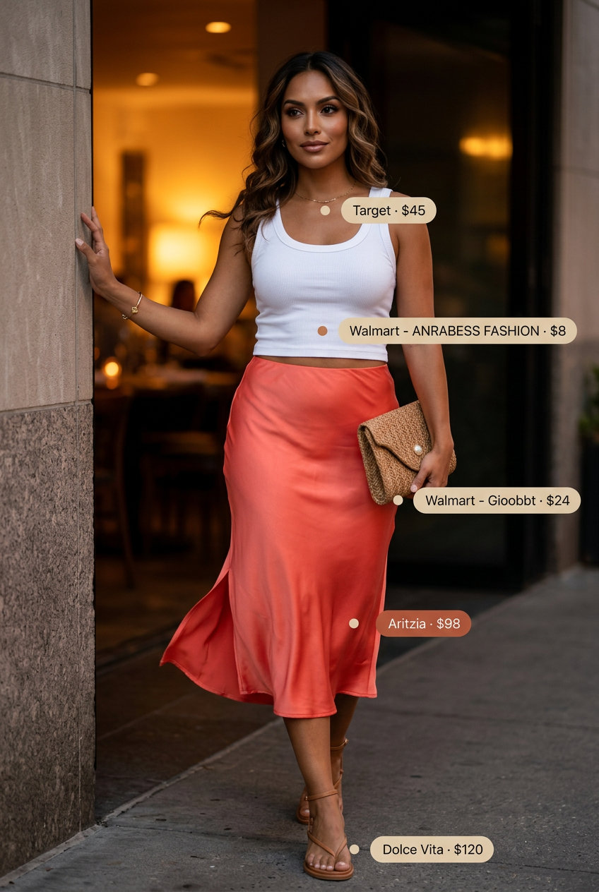Coral satin slip skirt with ribbed tank and tan leather sandals for summer outfits women 2026. Evening elegance.