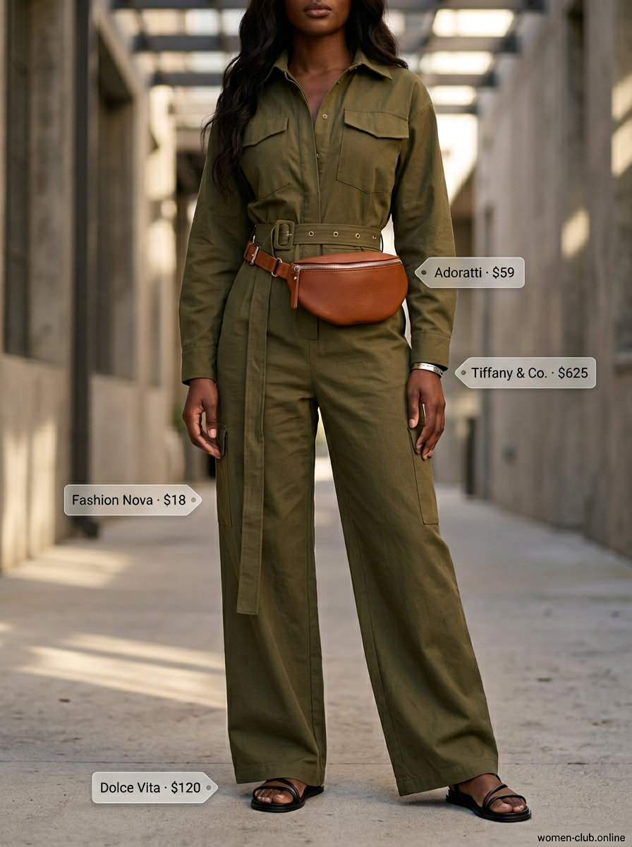Olive green utility jumpsuit with leather belt bag and black leather sandals for summer outfits women 2026.