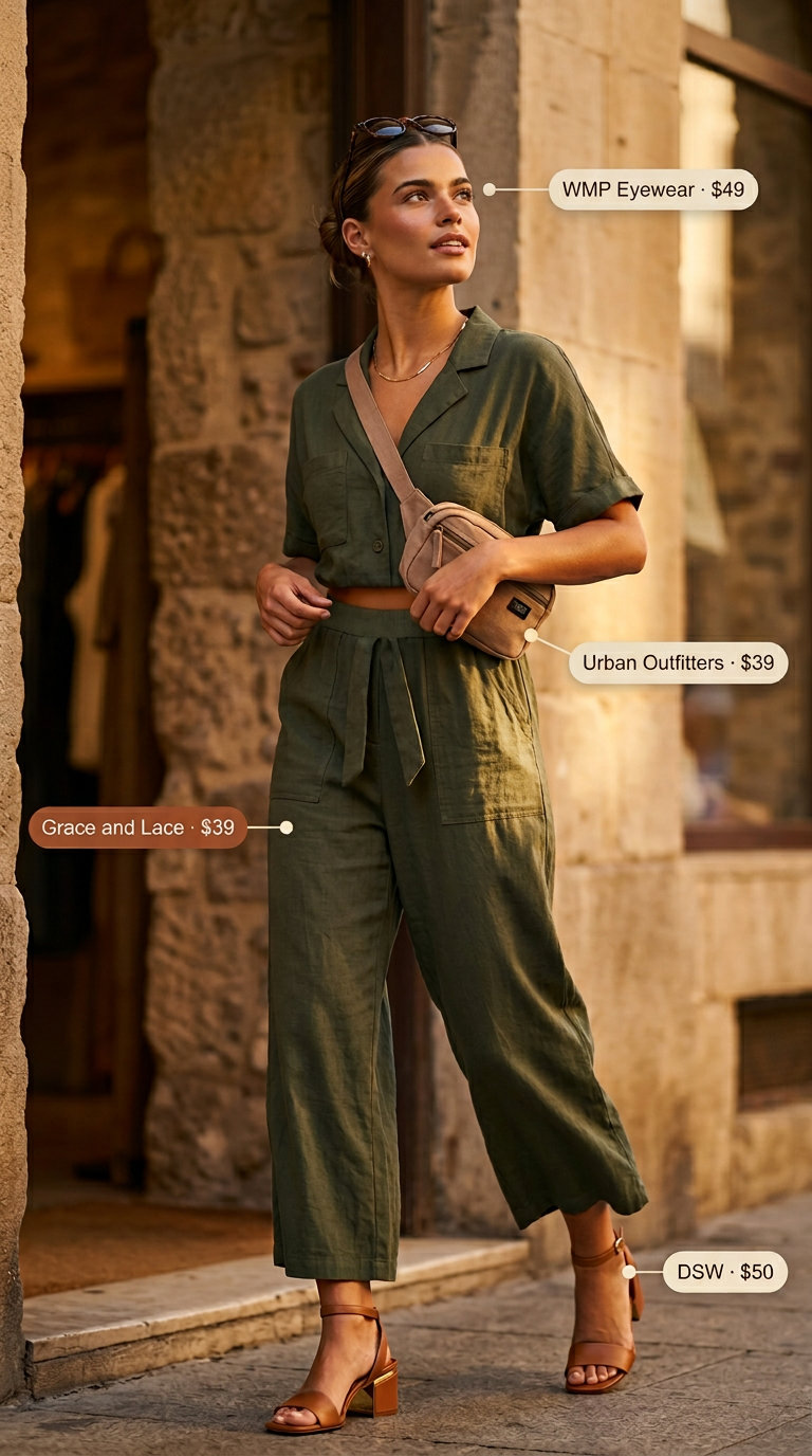 Khaki utility jumpsuit with brown leather block-heel sandals for day trips 2026.
