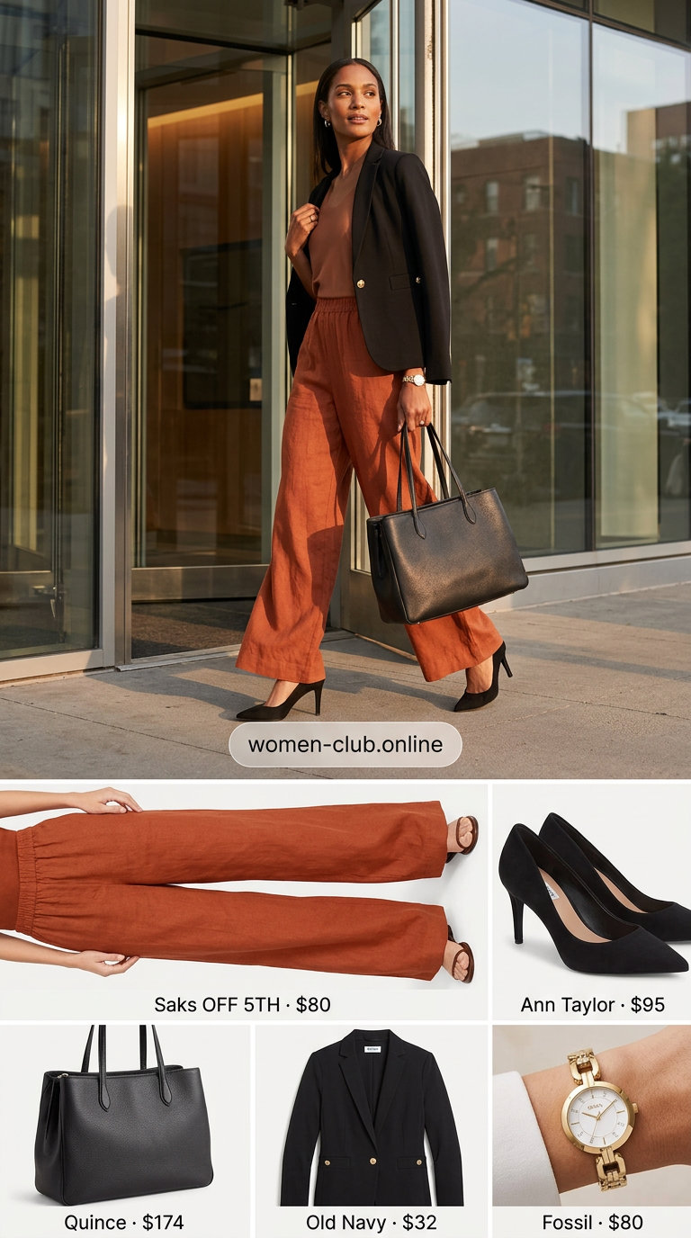 Chic Work Transition: Burnt orange linen set, black blazer, black leather tote, and black suede heels for summer outfits with mule heels 2026.