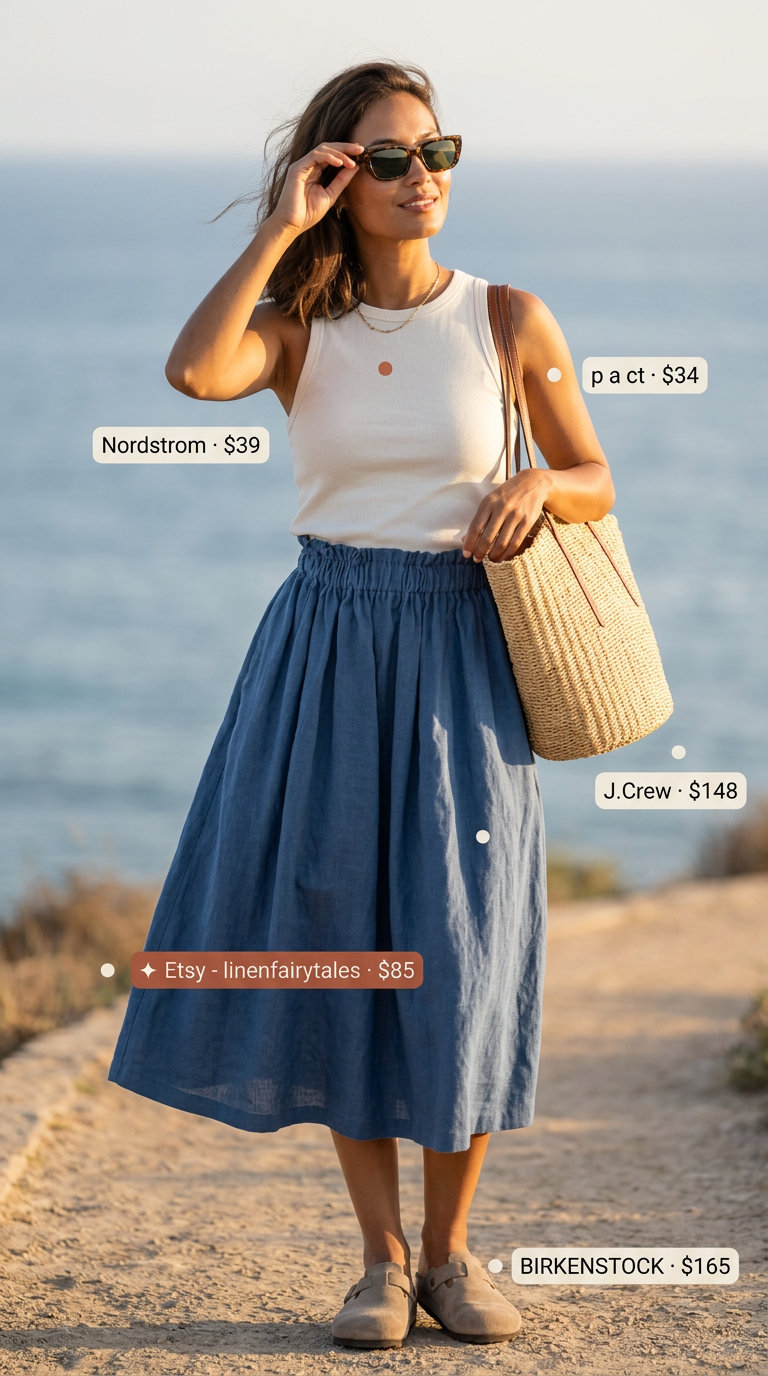 Coastal Breeze Ensemble: Denim midi skirt, white tank, straw tote, and tortoiseshell sunglasses for summer outfits with mule heels 2026.