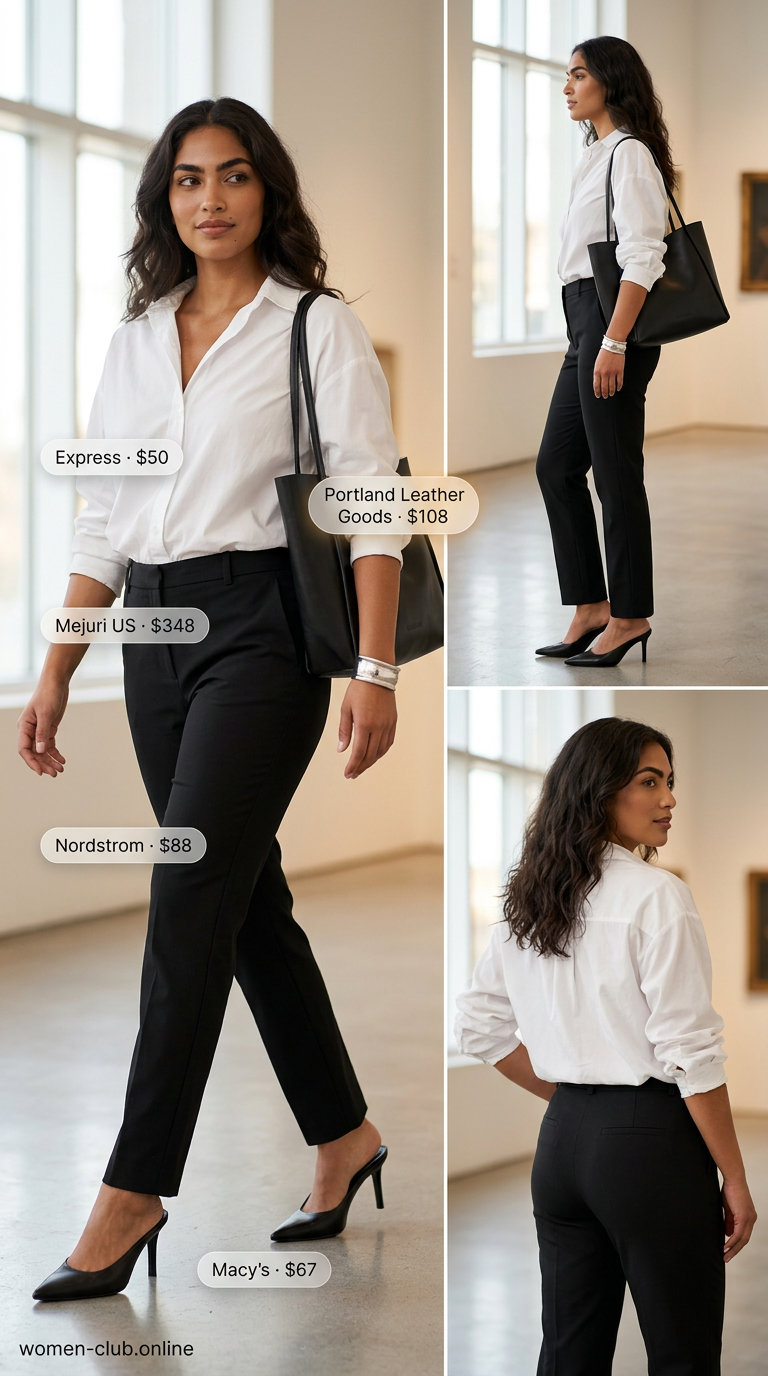 Modern Muse Mule: Black cigarette pants, white button-down, and black stiletto mules for summer outfits with mule heels 2026.
