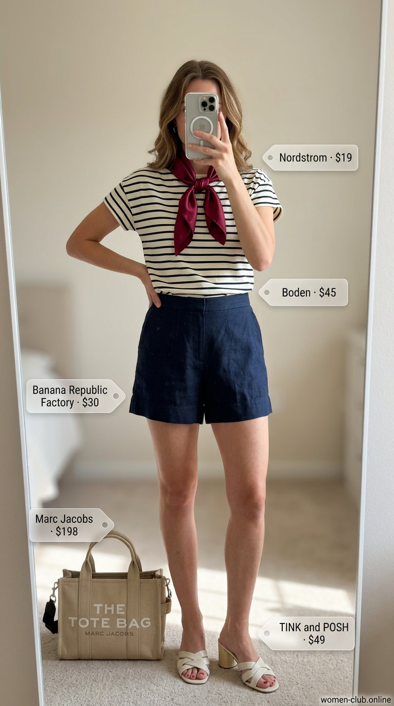 Riviera Ready Mule: White woven mules, navy linen shorts, striped tee, and red scarf for summer outfits with mule heels 2026.