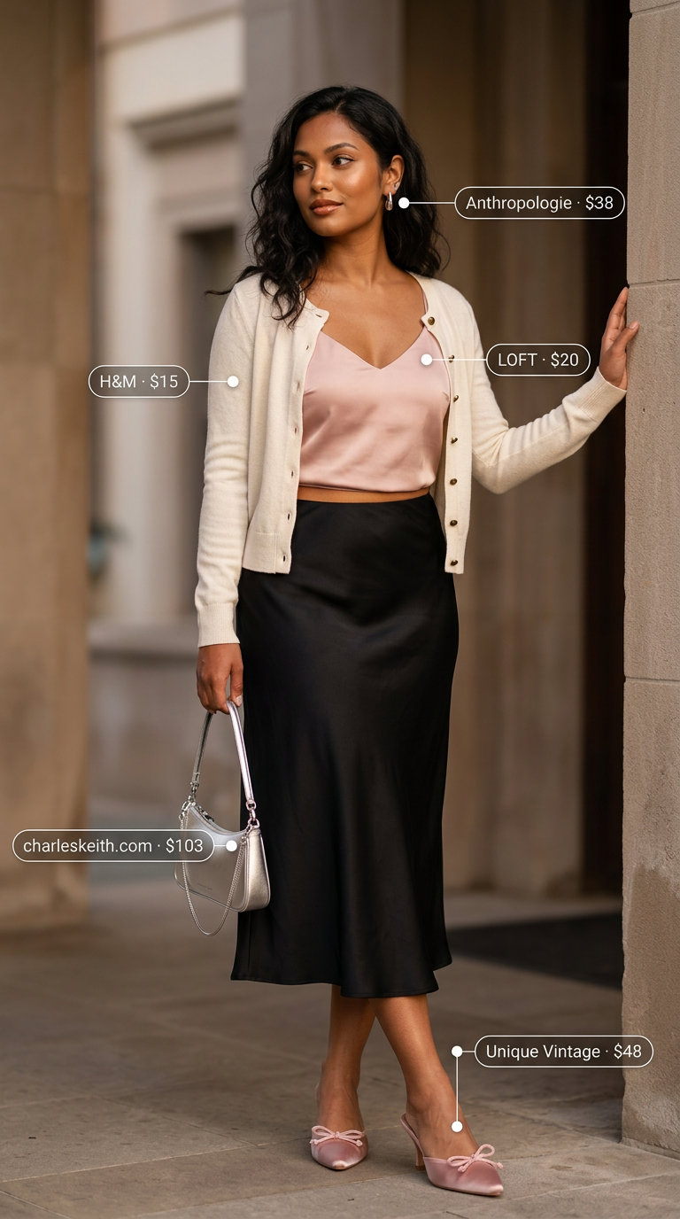 Summer Soiree Mule: Blush pink satin slip skirt, black camisole, silver chain bag, and blush pink satin mules for summer outfits with mule heels 2026.