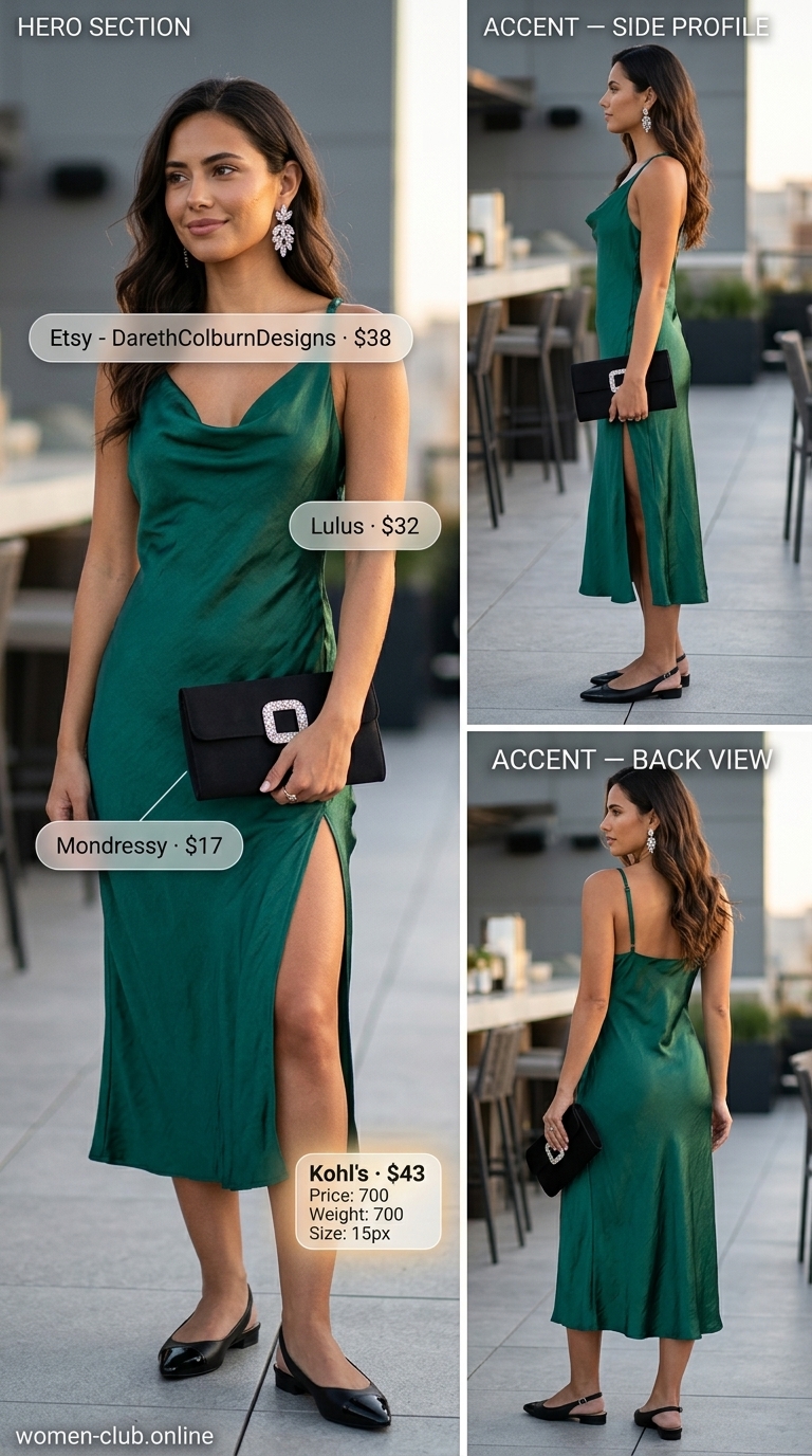 Sunset Soiree Slip Dress: Emerald green satin slip dress with silver accessories for summer outfits with mule heels 2026.