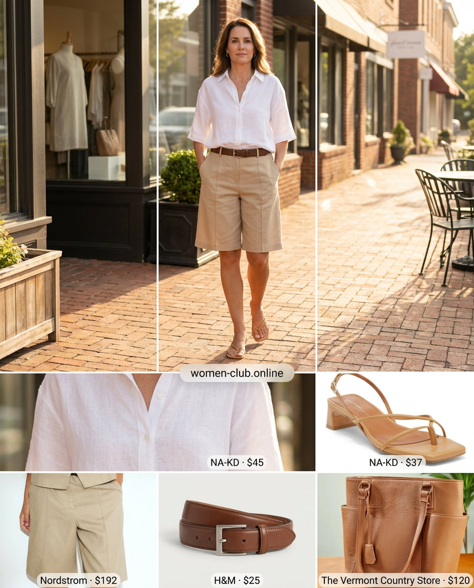Beige Bermuda shorts with white linen shirt and tan leather block heels for summer office outfits 2026.