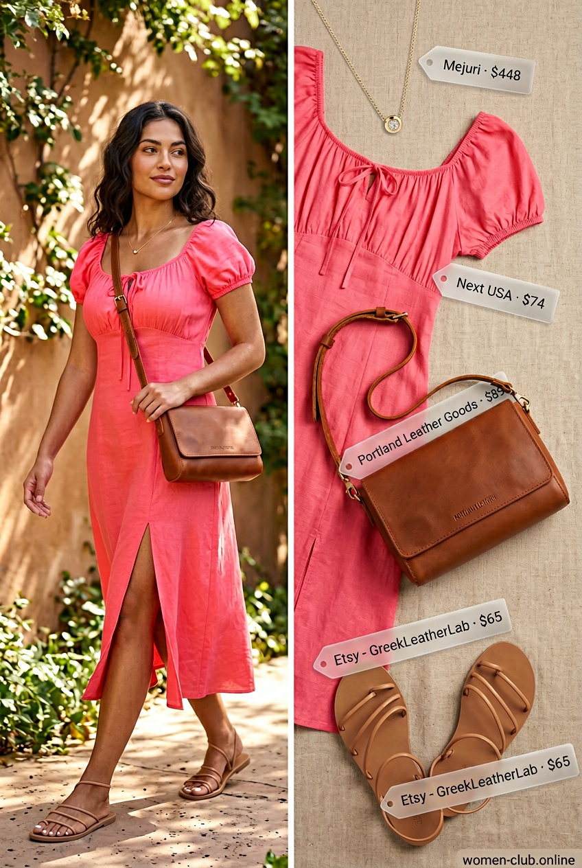 Romantic linen dress with blush pink and tan accents, paired with leather sandals for summer outfits 2026.