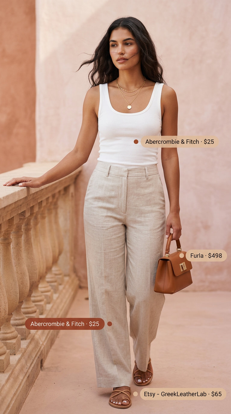 Cream linen pants with white tank and tan leather flat sandals for relaxed summer outfits 2026.
