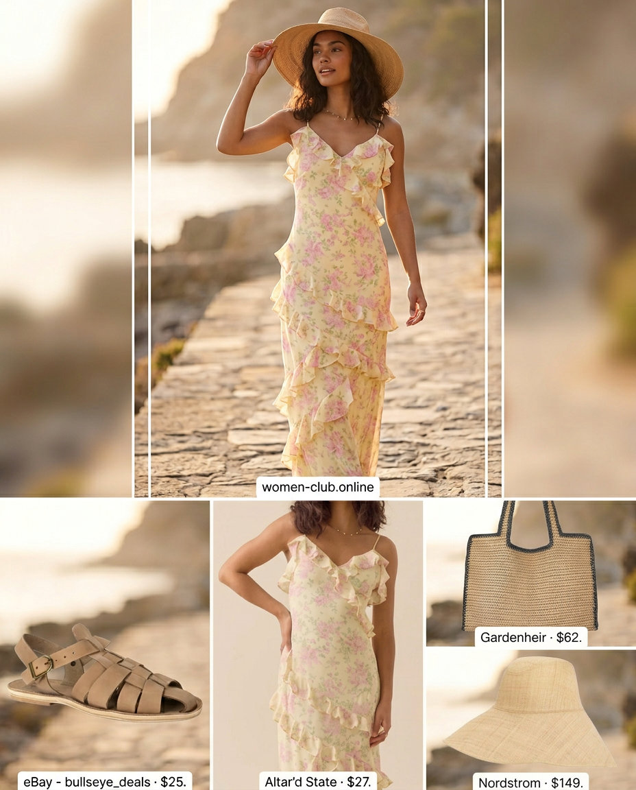 Colorful maxi dress with tan leather fisherman sandals for vacation summer outfits 2026.