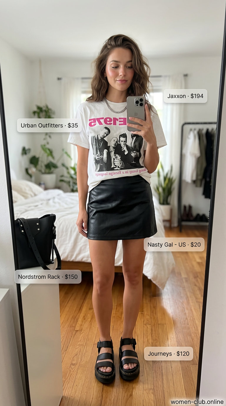 Edgy black faux leather mini skirt with graphic tee and platform leather sandals for summer outfits 2026.