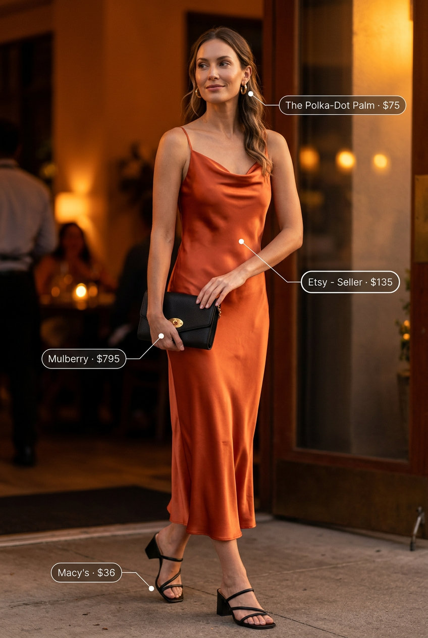 Terracotta orange slip dress with black leather sandals for sophisticated summer outfits 2026.
