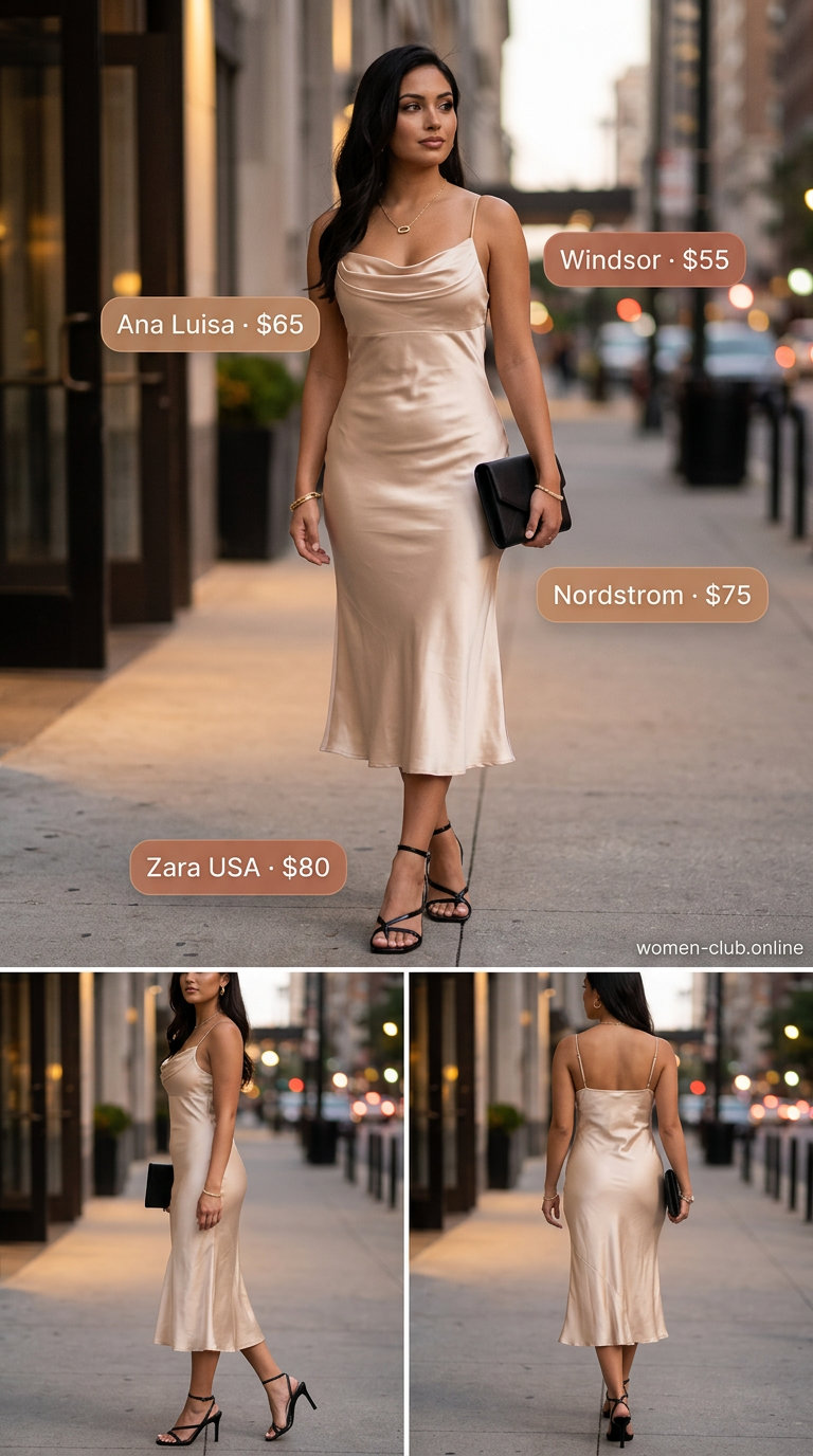 Golden yellow slip dress with black leather heeled sandals for elegant summer outfits 2026.