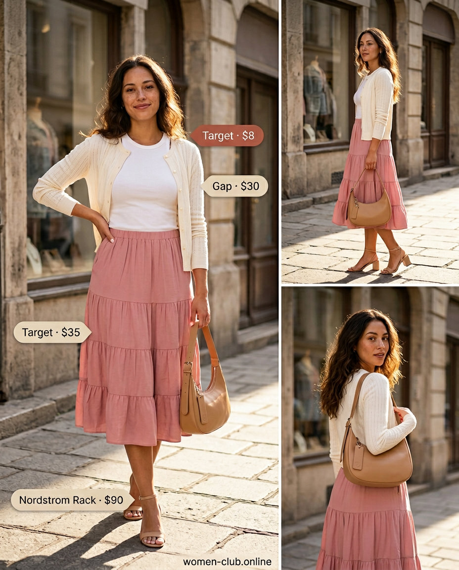Blush pink tiered skirt with white tank and tan leather block heels for summer outfits 2026.
