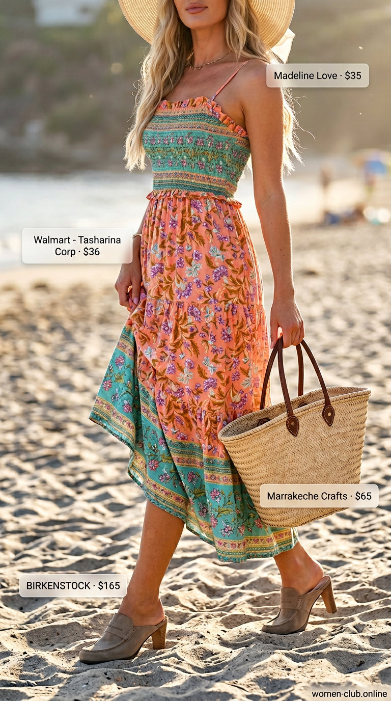 Coral floral maxi dress with straw tote & mule heels for summer outfits with mule heels 2026.