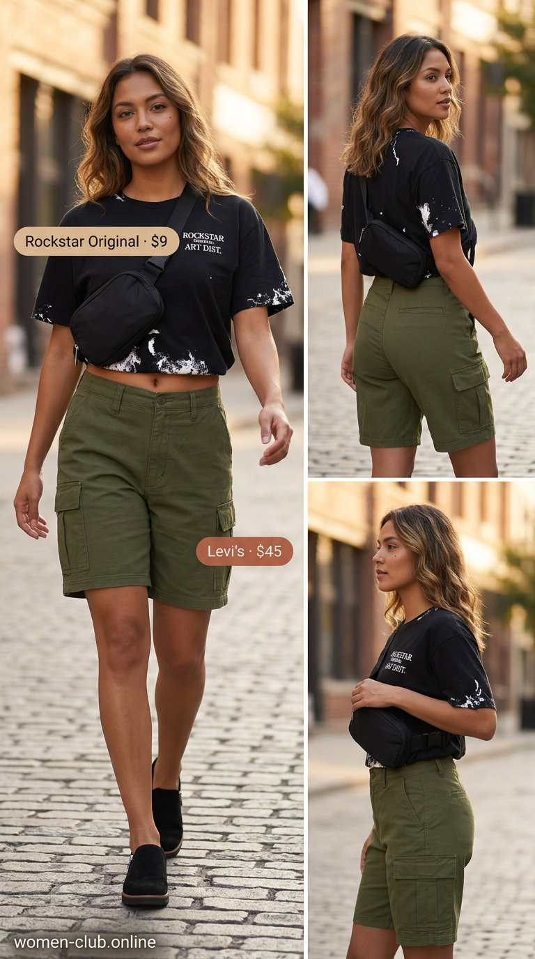 Olive green cargo shorts with black tee, belt bag, cap, and mule heels for summer outfits with mule heels 2026.