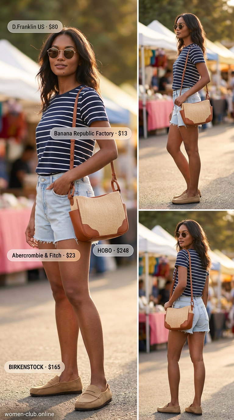 Denim shorts with striped top, straw bag, sunglasses, and mule heels for summer outfits with mule heels 2026.