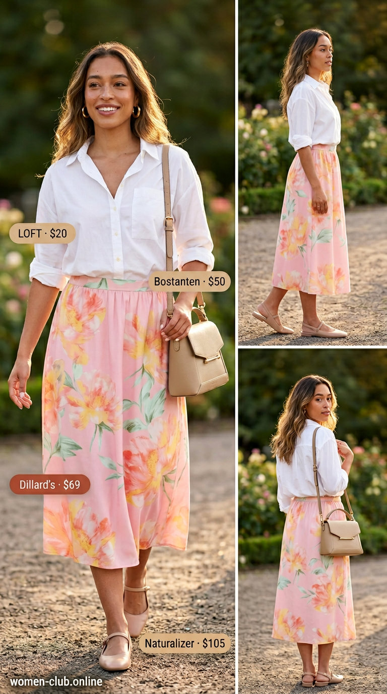 Floral midi skirt with white shirt, tan crossbody, gold hoops, and mule heels for summer outfits with mule heels 2026.