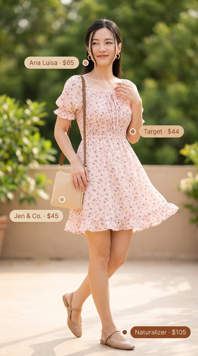 Pastel pink floral mini dress with straw bag & mule heels for summer outfits with mule heels 2026.