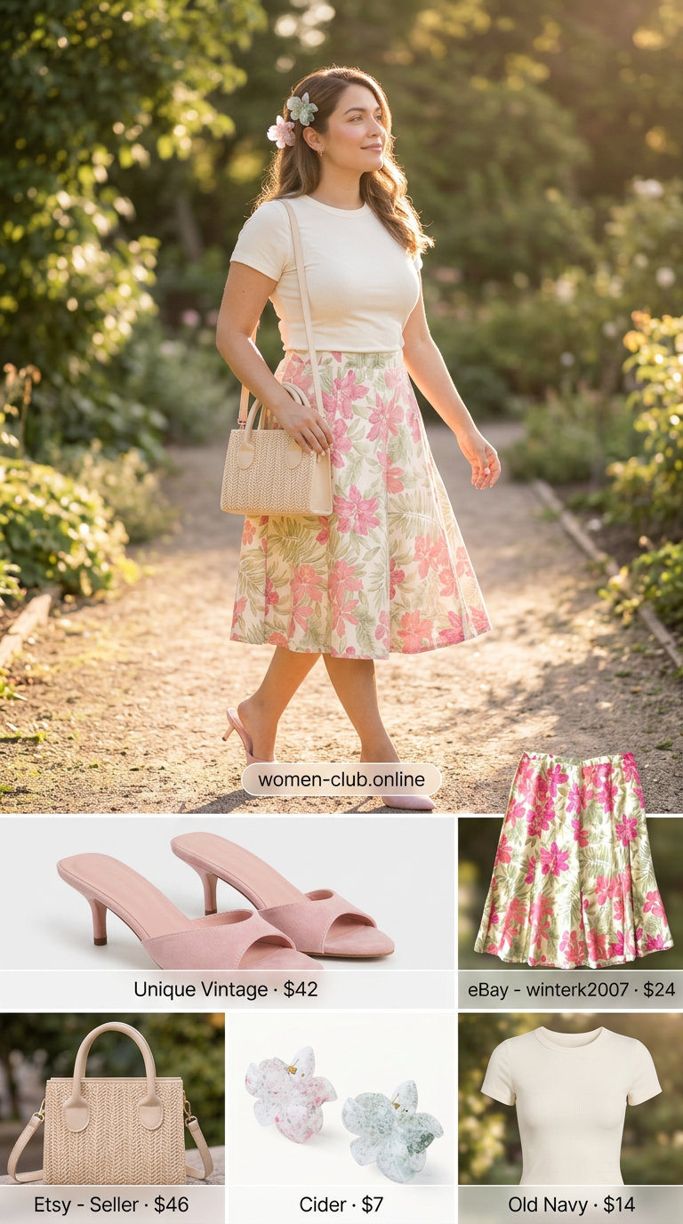 Floral midi skirt outfit with white tee & blush pink mules for summer outfits with mule heels 2026.