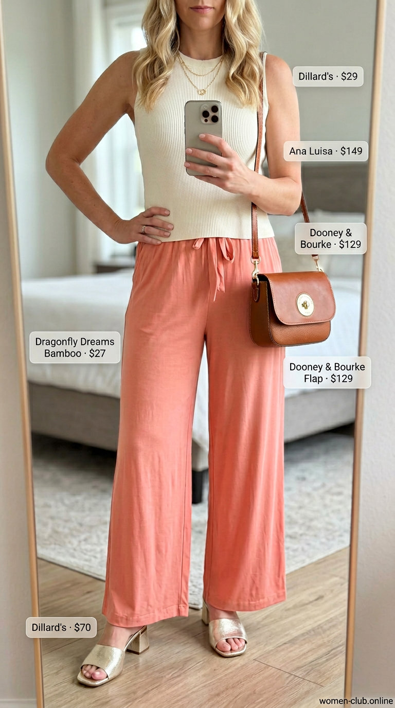 Coral wide-leg pants outfit with gold mules & ribbed tank for summer outfits with mule heels 2026.