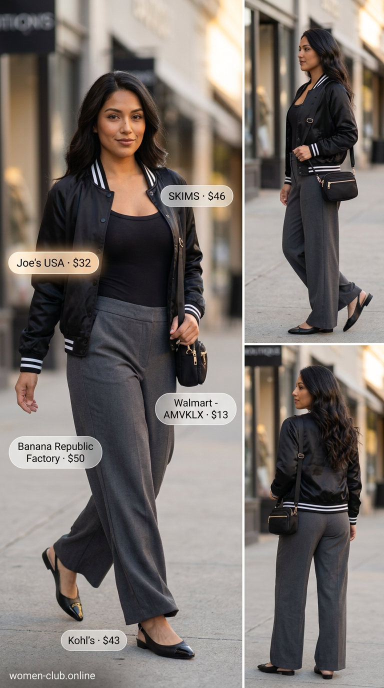 Grey knit pants with black bodysuit, bomber jacket, crossbody, and mule heels for summer outfits with mule heels 2026.