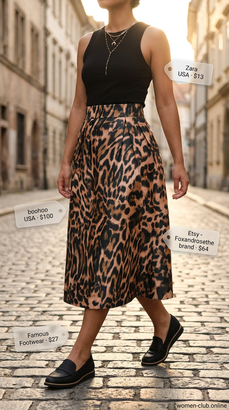 Leopard print midi skirt with black top, black bag, gold necklaces, and mule heels for summer outfits with mule heels 2026.