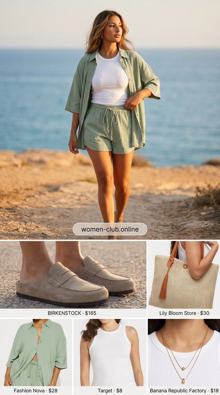 Sage green linen set with white tank and tan mule heels for summer outfits with mule heels 2026.