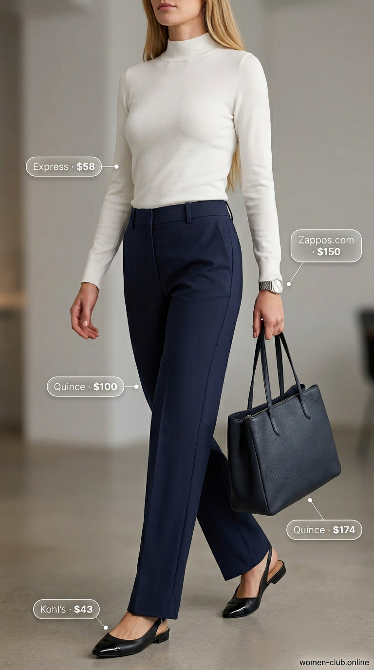 Navy trousers with white mock neck top, black tote, watch, and mule heels for summer outfits with mule heels 2026.