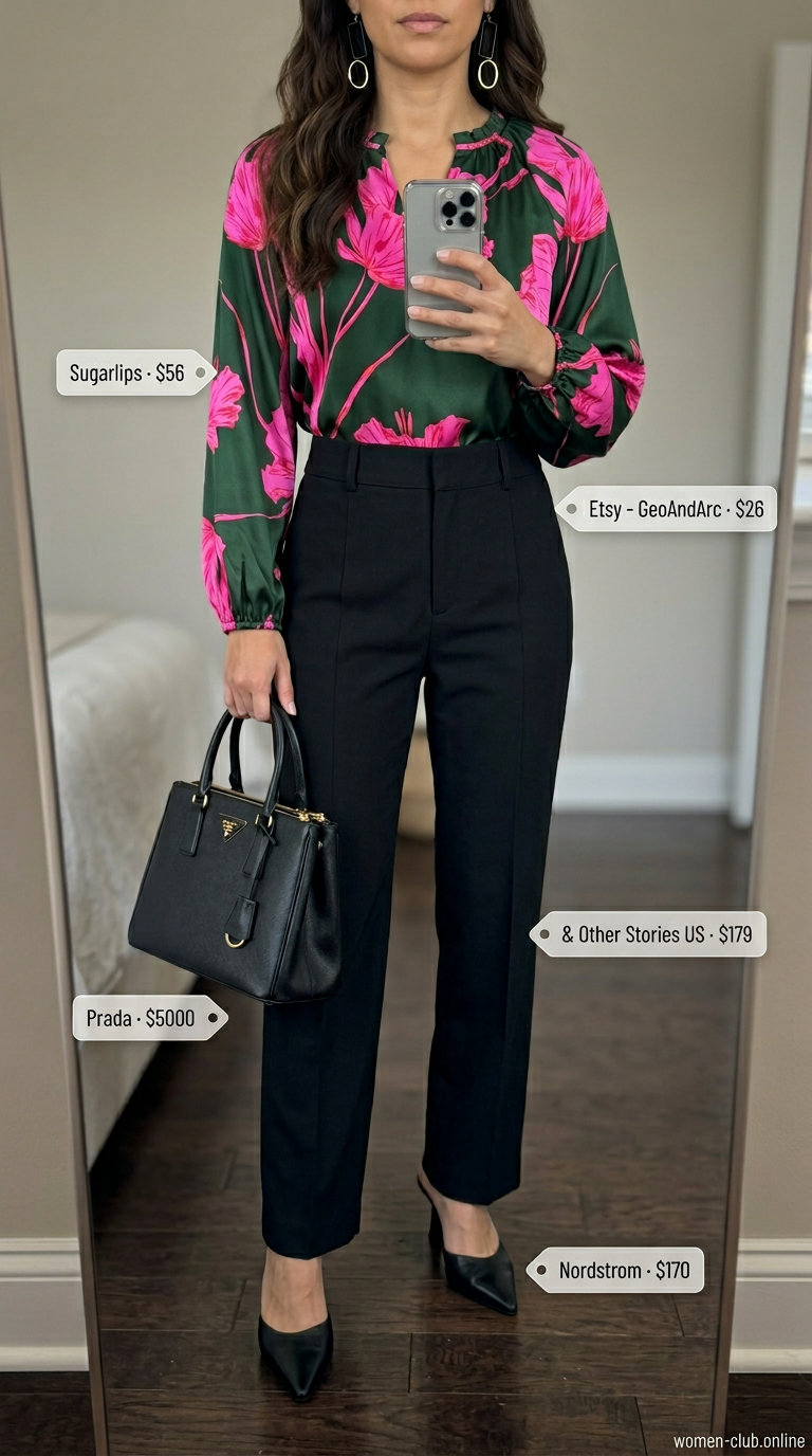 Black trousers with silk blouse, black tote, statement earrings, and black mule heels for summer outfits with mule heels 2026.