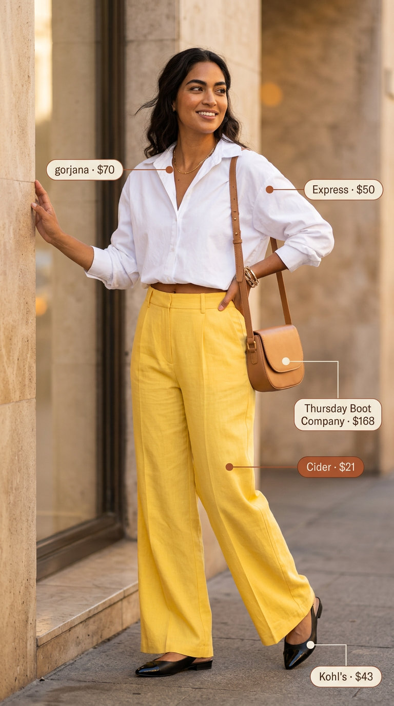 Yellow wide-leg trousers with white shirt, gold necklace, tan crossbody, and mule heels for summer outfits with mule heels 2026.