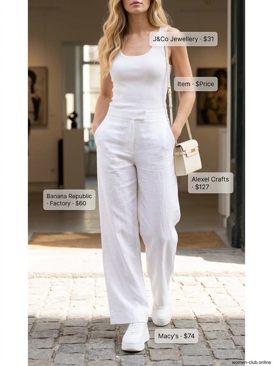 All-white linen pants, tank top, and platform sneakers for summer outfits for women with platform sneakers 2026.