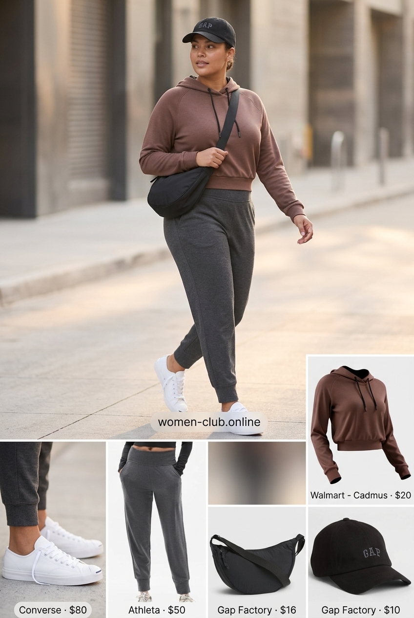 Athleisure summer outfit for women with platform sneakers 2026: joggers, hoodie, crossbody bag, and white sneakers.