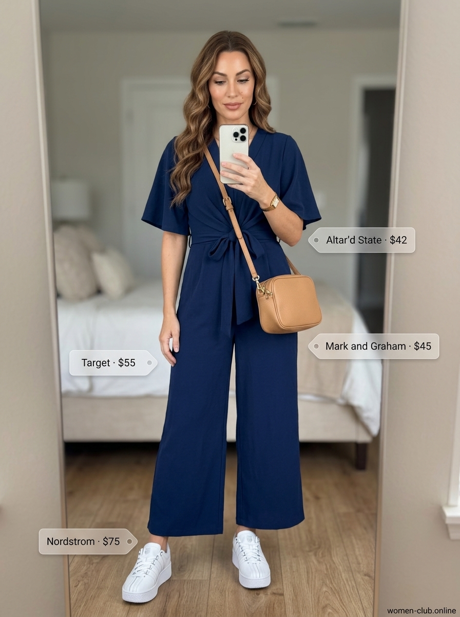 Brunch outfit for women with platform sneakers 2026: wide-leg jumpsuit, crossbody bag, and white sneakers.