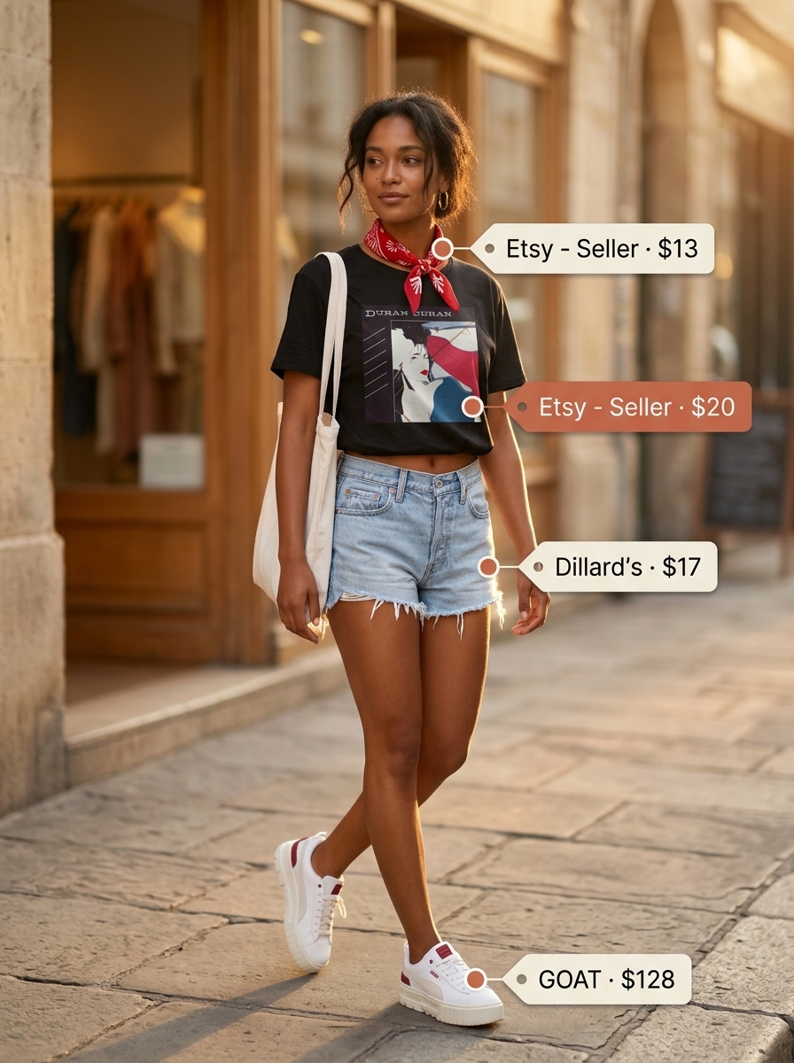 Weekend casual outfit for women with platform sneakers 2026: oversized graphic tee, denim shorts, bandana, and canvas tote.