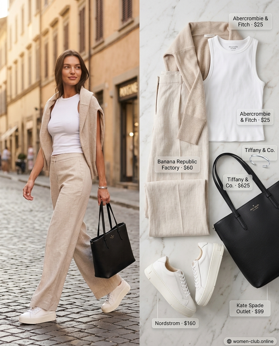 White wide-leg trousers, black mock neck top, silver bracelet, white platform sneakers for summer outfits for women 2026.