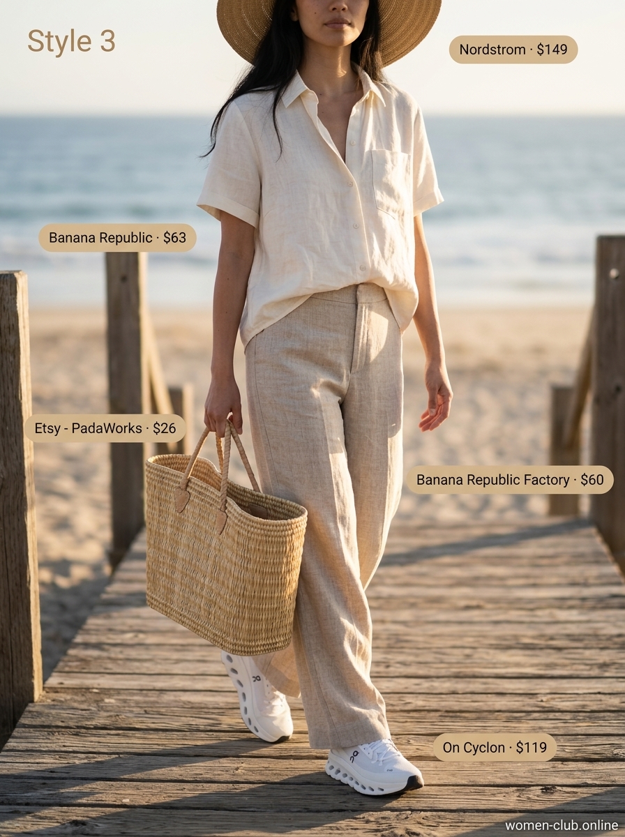 Linen set with oversized shirt, wide-leg pants, and straw accessories for summer outfits for women with platform sneakers 2026.