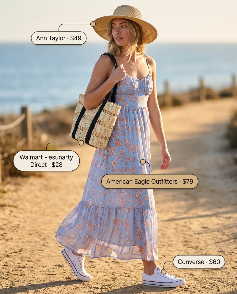 Coastal summer outfit for women with platform sneakers 2026: tiered maxi dress, straw hat, straw tote, and canvas sneakers.