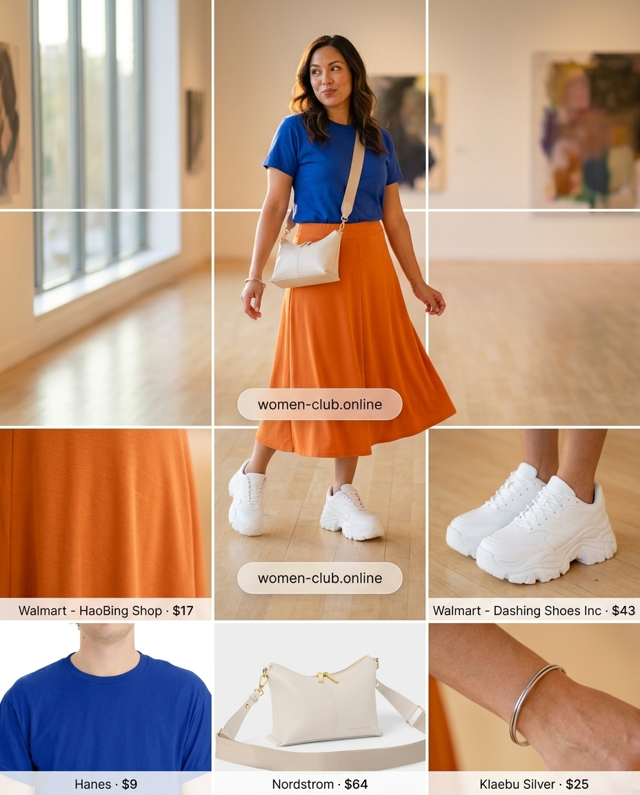 Orange midi skirt, blue t-shirt, white platform sneakers for summer outfits for women with platform sneakers 2026.