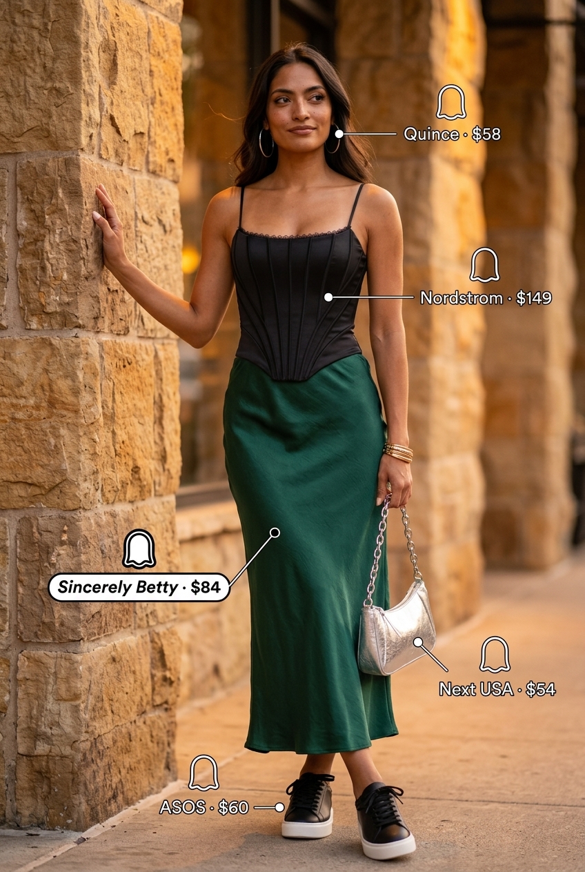 Summer date night outfit for women with platform sneakers 2026: satin skirt, corset top, blazer, and silver accessories.